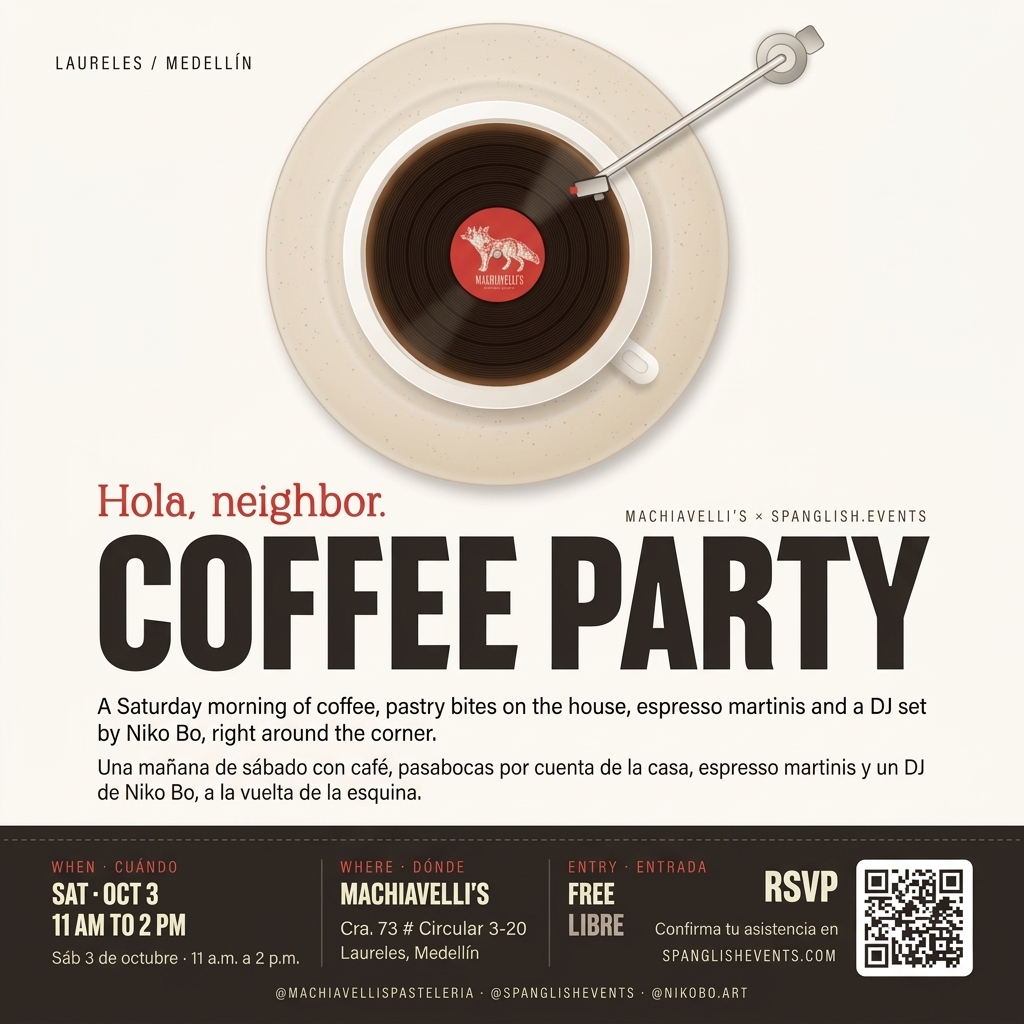 Spanglish Coffee Party at Machiavelli's event flyer