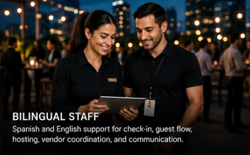 Bilingual event staff welcoming and supporting guests in Spanish and English