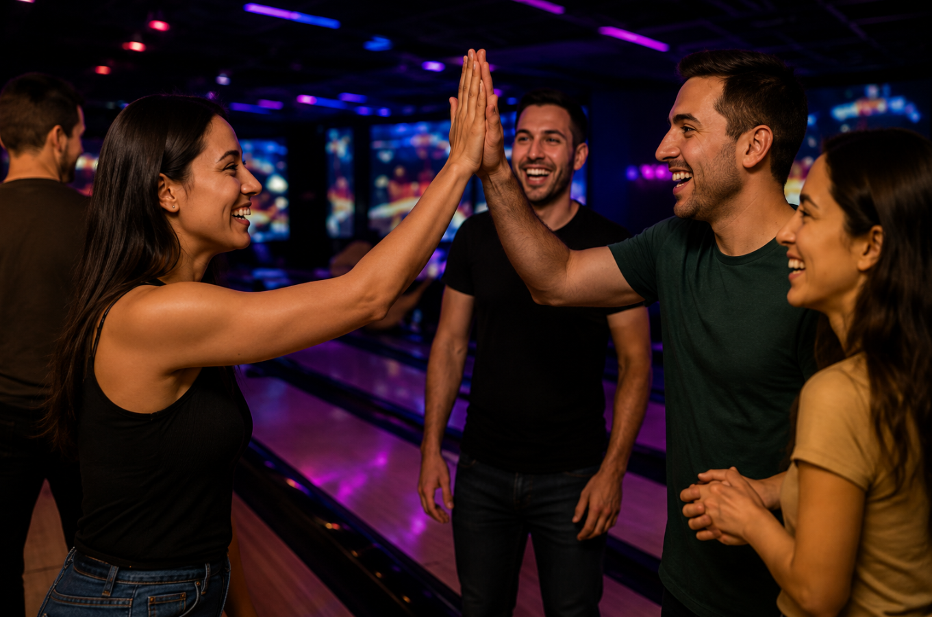 Friends celebrating a bowling turn with a high five