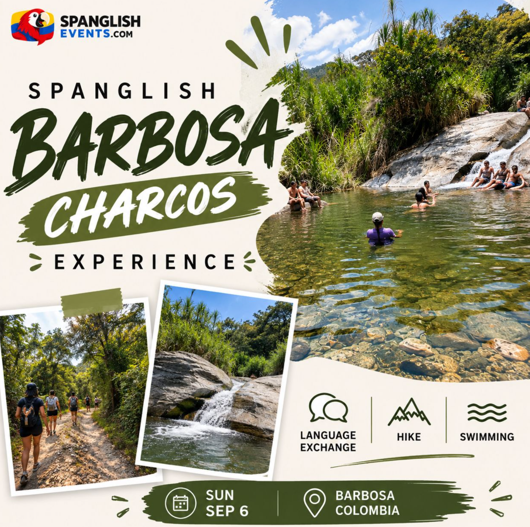Spanglish Barbosa Charcos Experience flyer showing hikers and people swimming in natural pools