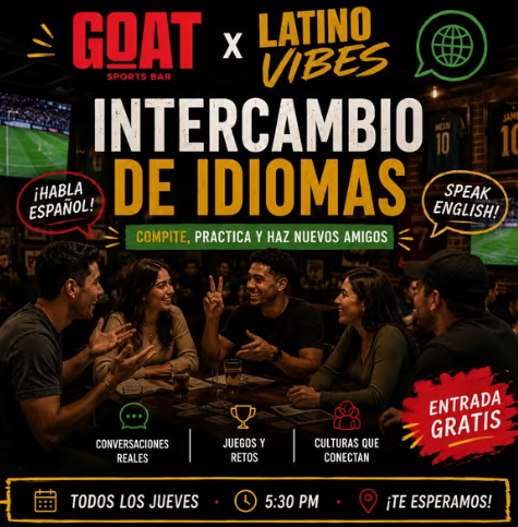 GOAT Latino Vibes flyer for Language League, featuring the September 3 event details