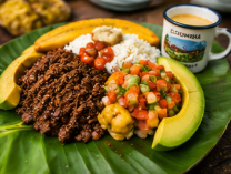 Traditional Colombian lunch served with avocado and fresh salad