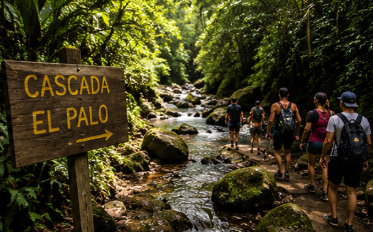 Hikers following the jungle stream toward Cascada El Palo